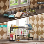 Over The Sink Dish Drying Rack - Adjustable Width Space Saver - with Cutlery, Knives Holders Spatula Hooks very useful