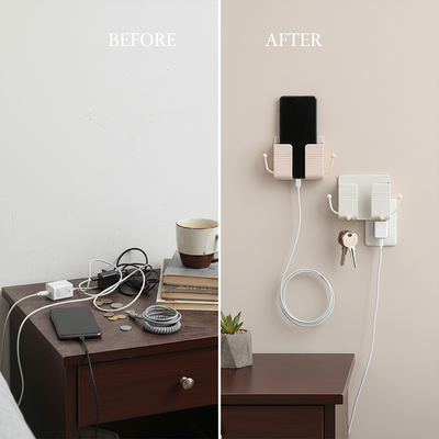 Before and after use of green phone holder mounted on wall for neat charging setup Qatar