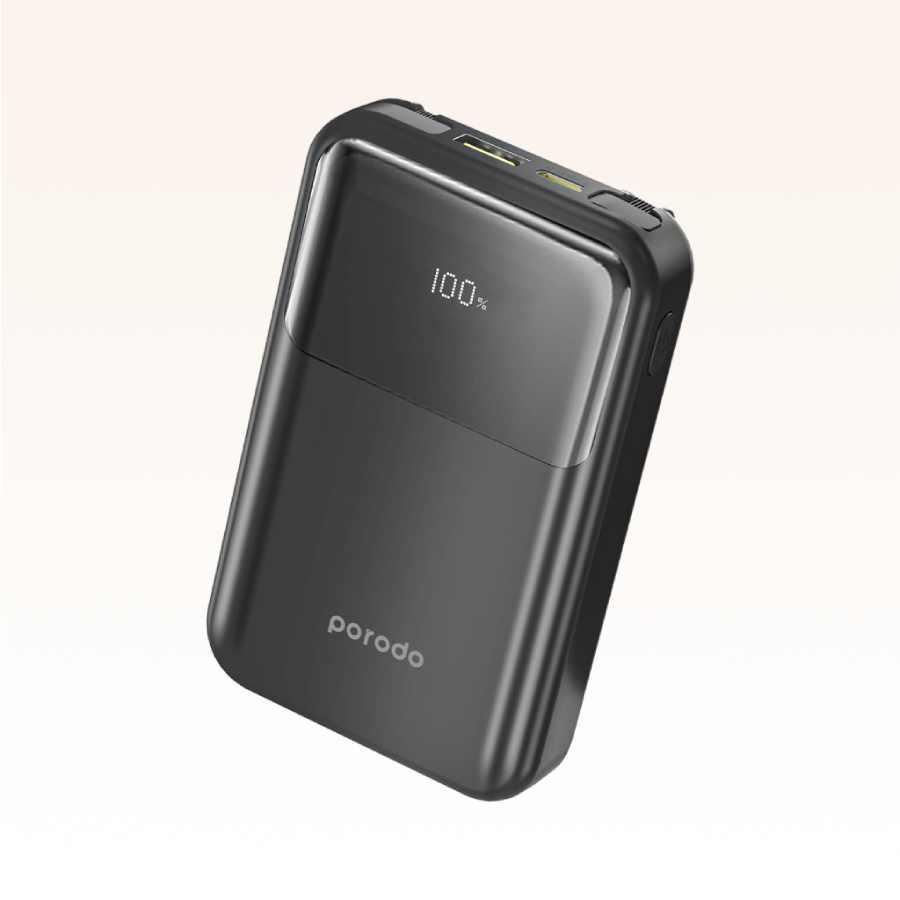 Porodo 10000 mAh 18W Powerbank with Type C and Lightning Cable - Black
