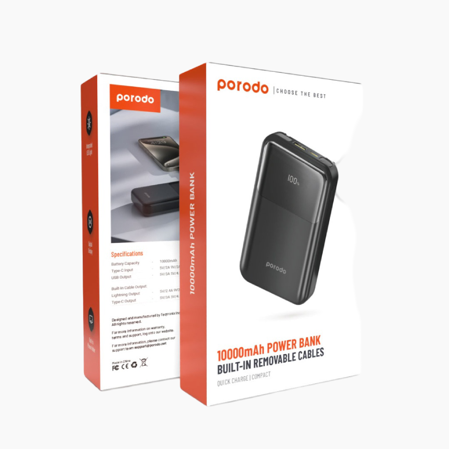 Porodo 10000 mAh 18W Powerbank with Type C and Lightning Cable - Black durable
