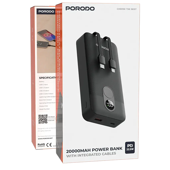 Porodo 20000mAh power bank is compact and practical, with a built-in cable for easy charging 22.5W Lightning Output Qatar
