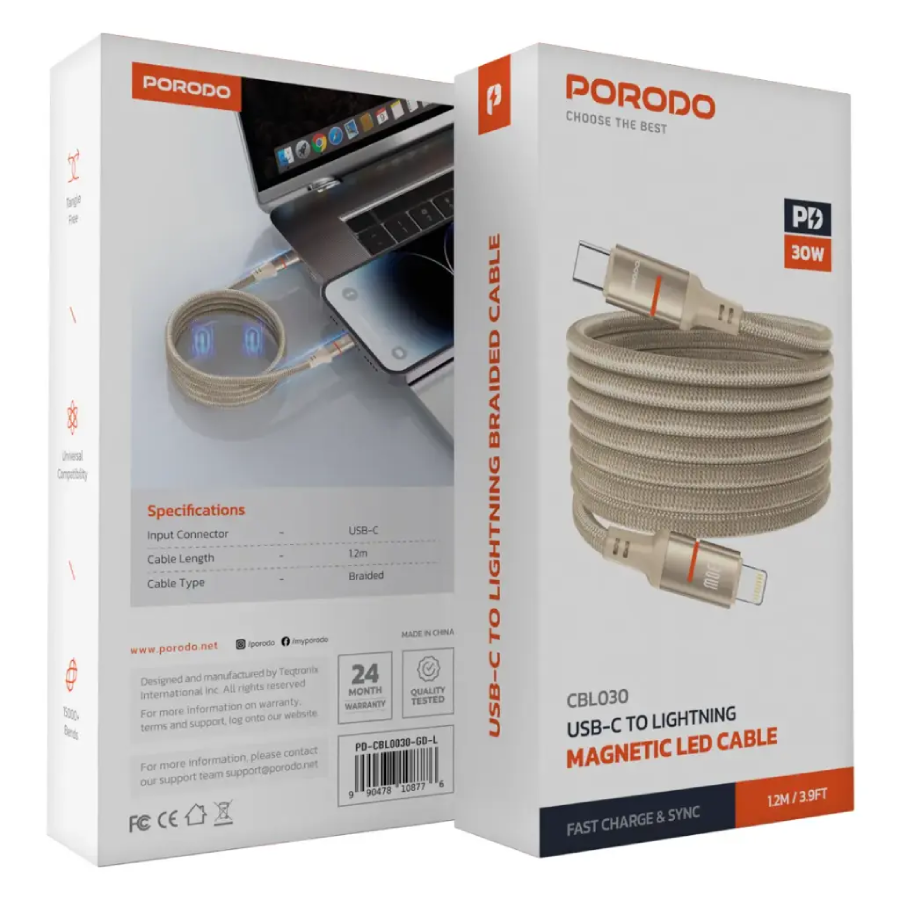 Porodo 30W Type-C to Lightning Magnetic Braided Cable 3M 