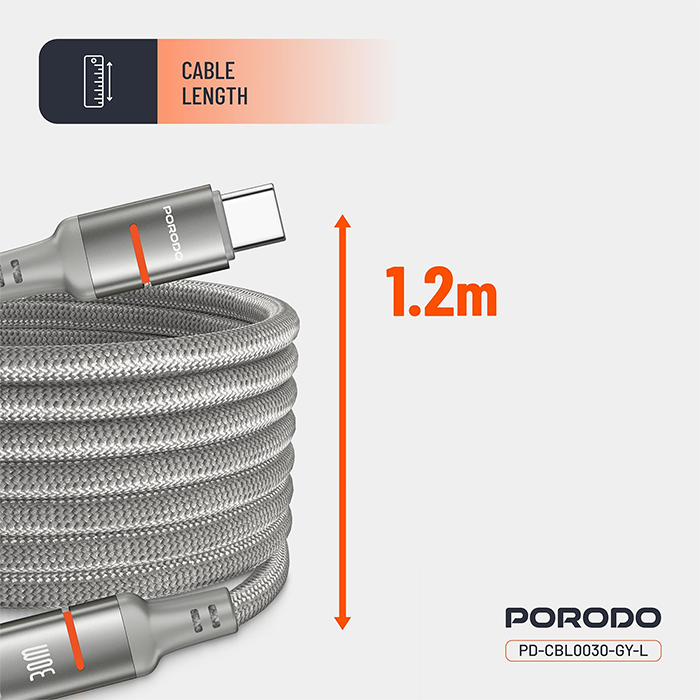 Porodo 30W Type-C to Lightning Magnetic Braided Cable 1.2M - GOLD, fast charging, durable gold braided magnetic cable.