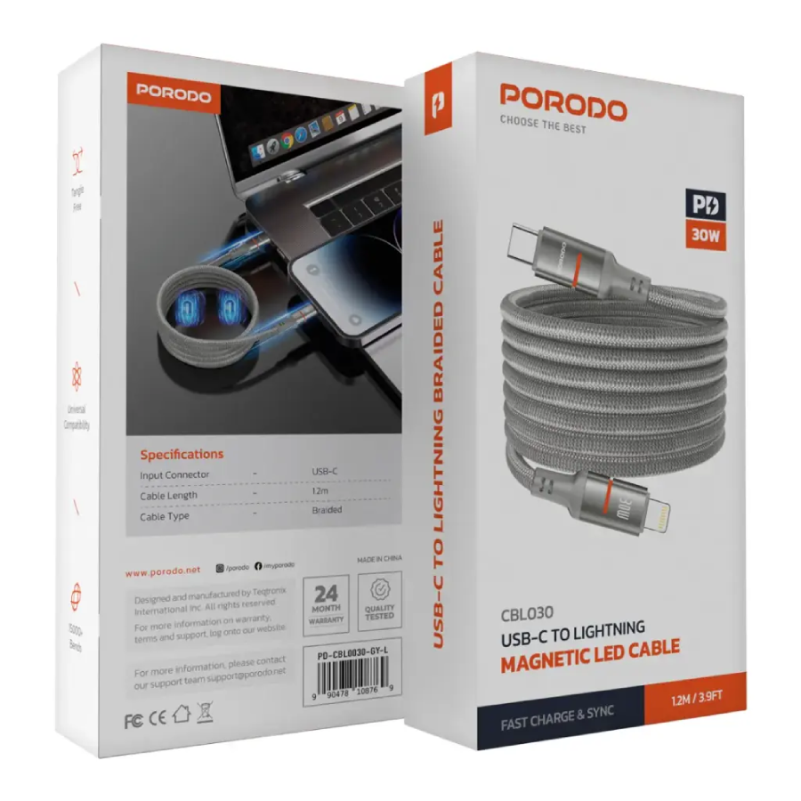 Porodo 30W Type-C to Lightning Magnetic Braided Cable 3M Durable