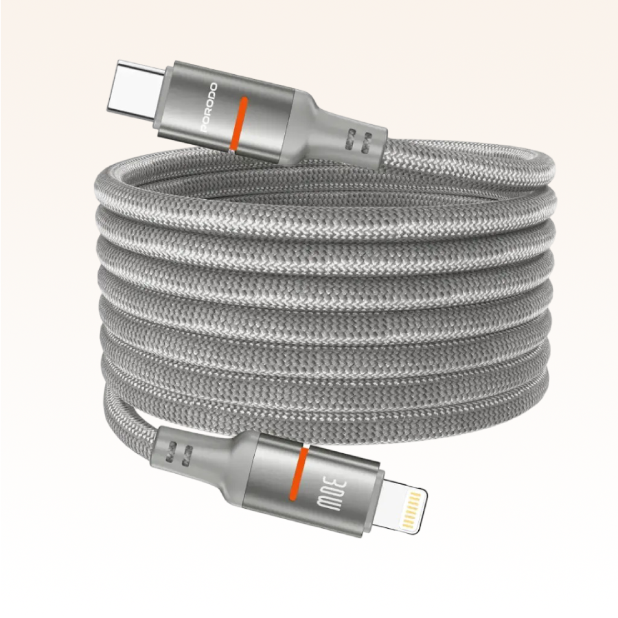 Porodo 30W Type-C to Lightning Magnetic Braided Cable 3M grey