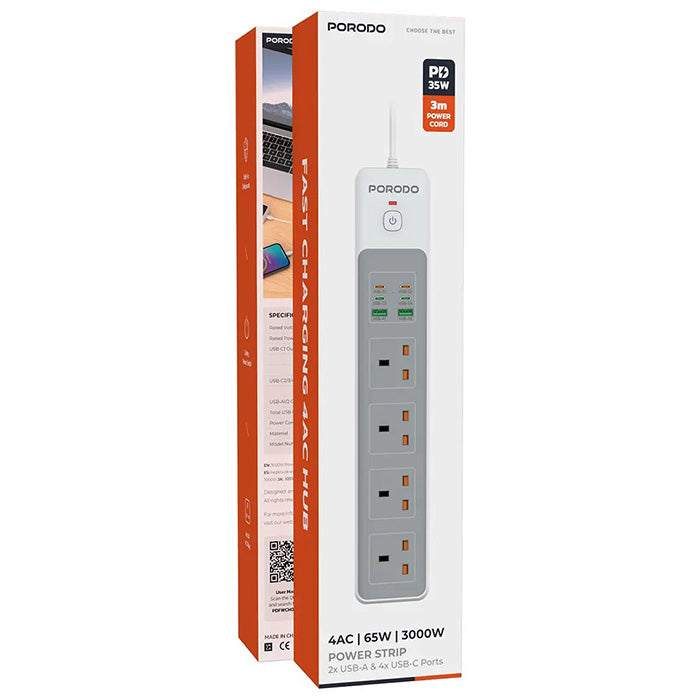 Porodo power strip with retail box showing 4 AC outlets and 65W USB charging for power extension needs in Qatar