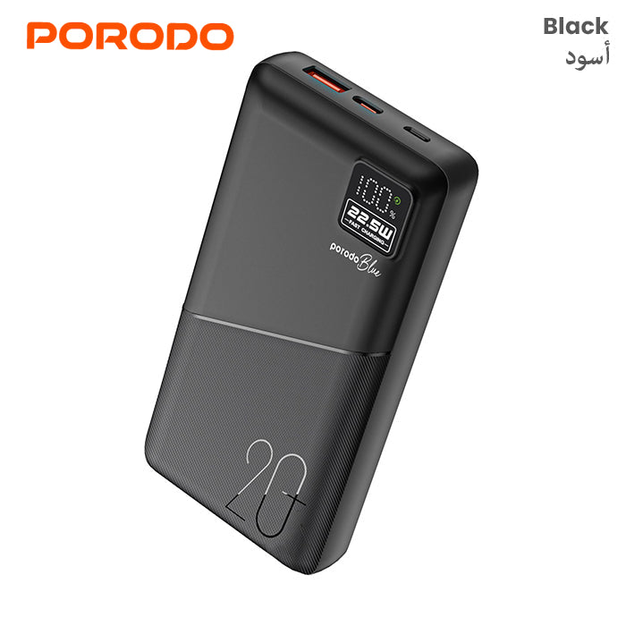 Porodo Blue 20000mAh Quick Charge Power Bank USB-A and USB-C Output Black