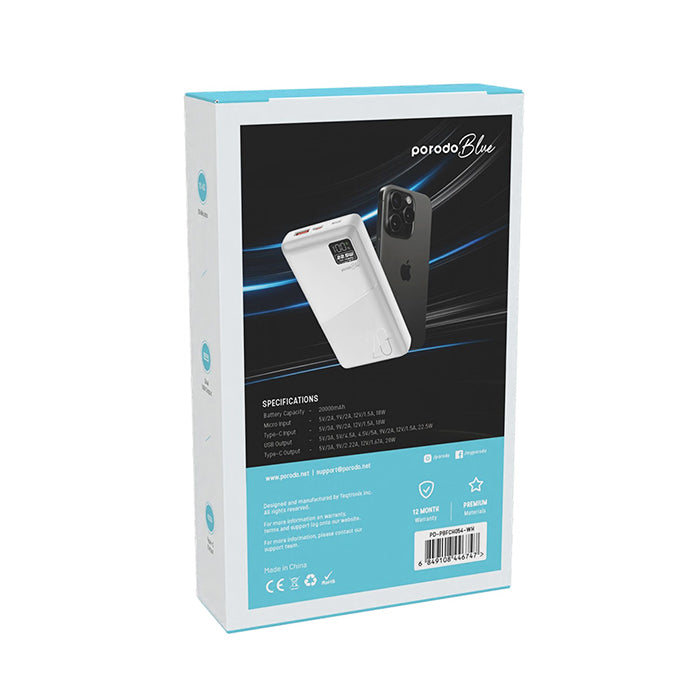 Porodo Blue 20000mAh Quick Charge Power Bank USB-A and USB-C Output 