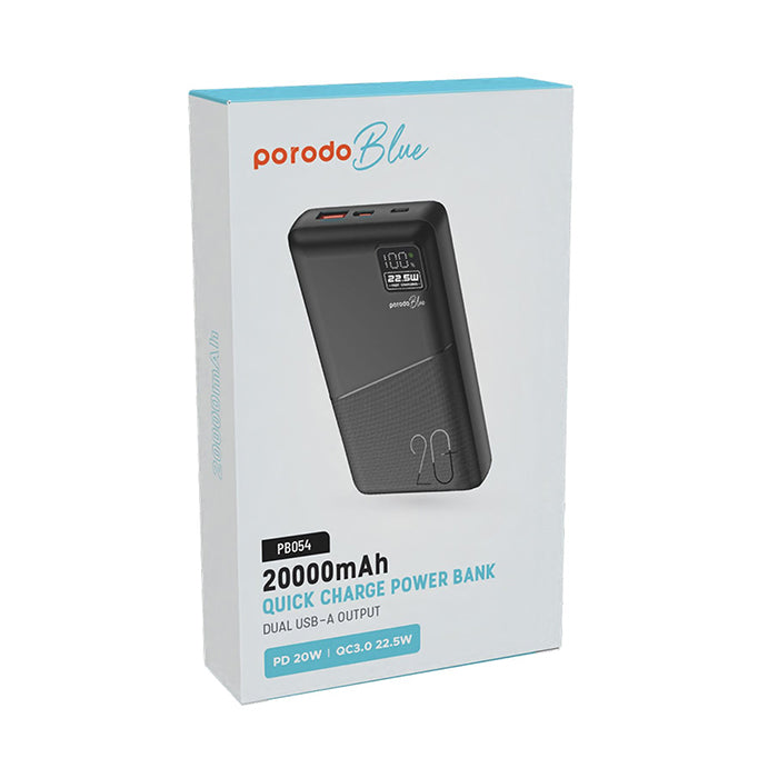 Porodo Blue 20000mAh Quick Charge Power Bank USB-A and USB-C Output Dual USB Output
