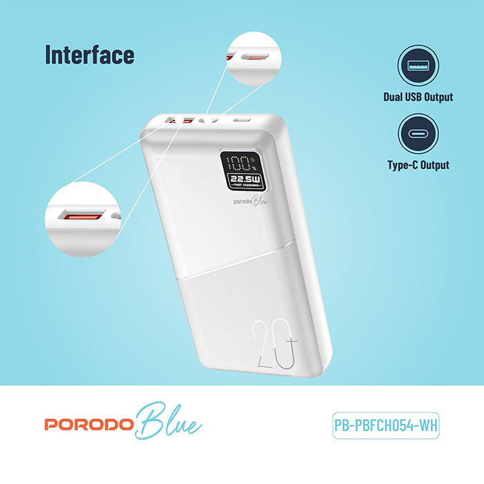 Porodo Blue 20000mAh Quick Charge Power Bank USB-A and USB-C Output interface