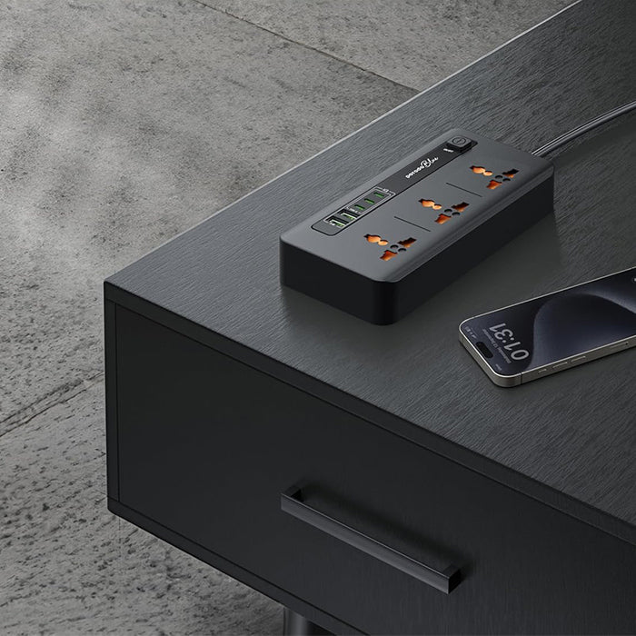Porodo Blue 3 AC Power Socket With 2XUSB-A, 3XType-C 2M 3000W - Black Universal Compatibility 


