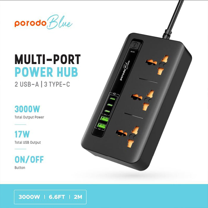 Porodo Blue 3 AC Power Socket With 2XUSB-A, 3XType-C 2M 3000W - Black Universal Compatibility 
17W Total USB Output 
