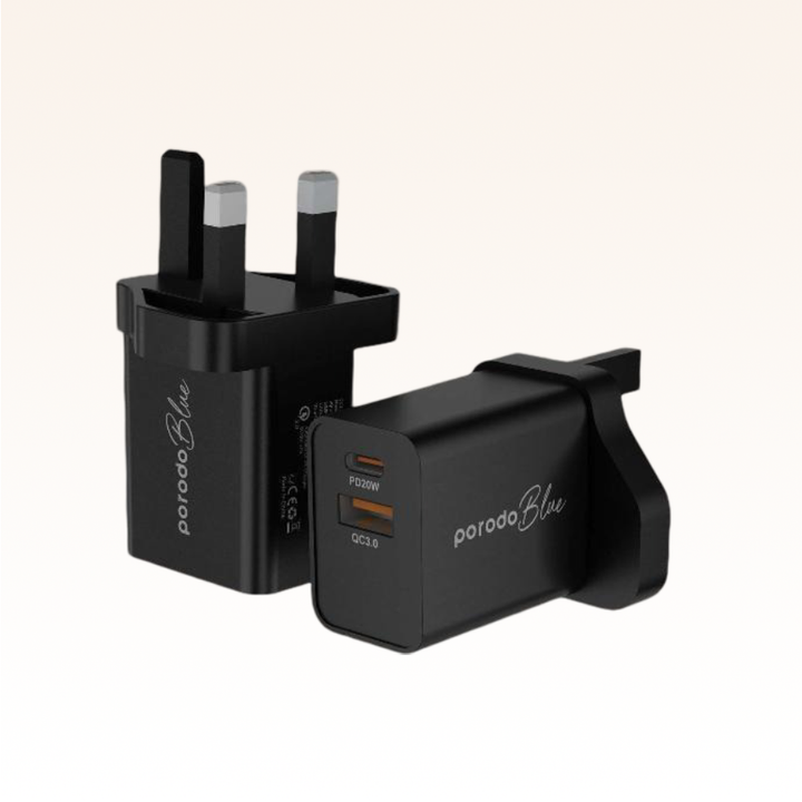 Porodo Blue Dual Port Wall Charger USB-A Quick Charge 3.0
