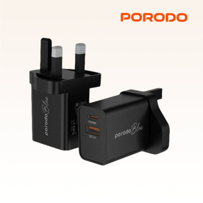 Porodo Blue Dual Port Wall Charger USB-A Quick Charge 3.0 Protective Safeguards