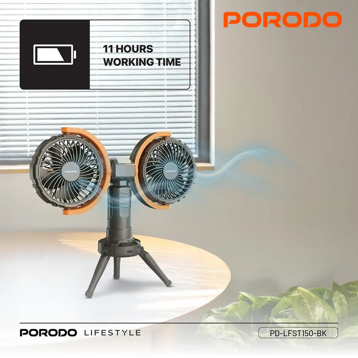 Porodo Lifestyle Dual-Head Oscillating Fan, featuring a powerful 15W motor and 8000mAh battery for up to 11 hours of use