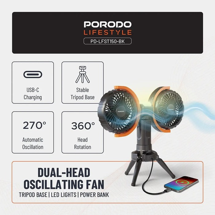 Porodo Lifestyle Dual-Head Oscillating Fan, featuring a powerful 15W motor 2 Brightness Levels

