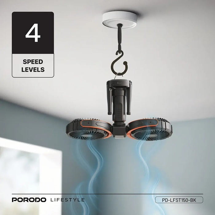 Porodo Lifestyle Dual-Head Oscillating Fan, featuring a powerful 15W motor Built-in Battery
