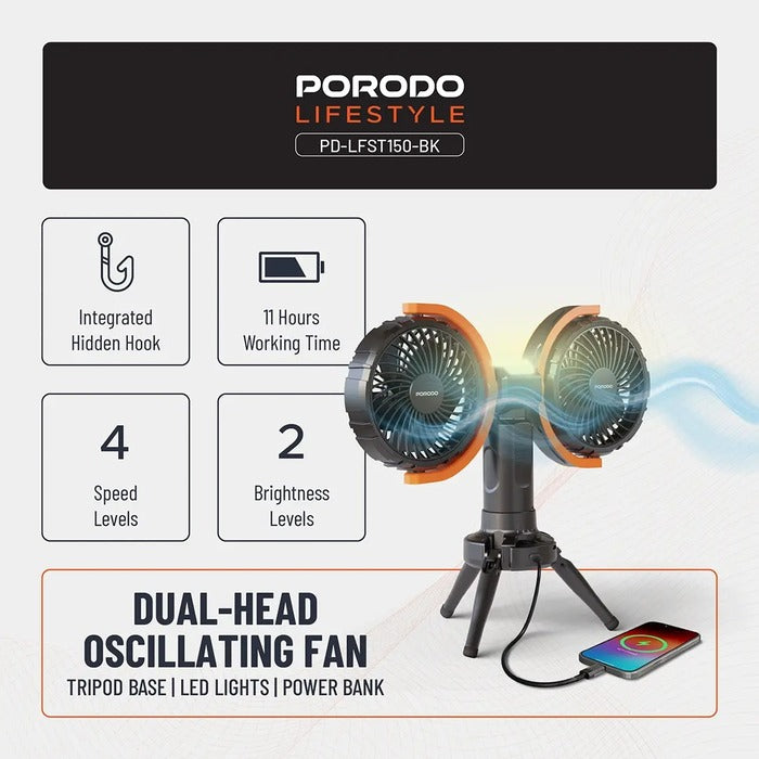 Porodo Lifestyle Dual-Head Oscillating Fan, featuring a powerful 15W motor Integrated Hidden Hook
