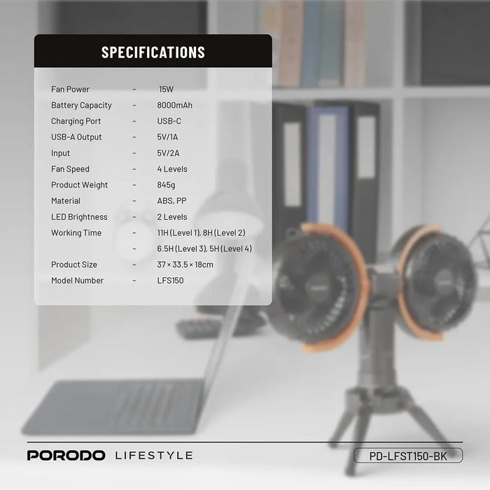 Porodo Lifestyle Dual-Head Oscillating Fan, featuring a powerful 15W motor Specifications
