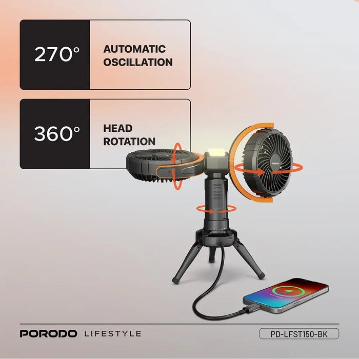 Porodo Lifestyle Dual-Head Oscillating Fan, featuring a powerful 15W motor Stable Tripod

