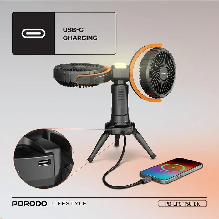Porodo Lifestyle Dual-Head Oscillating Fan, featuring a powerful 15W motor USB Charging