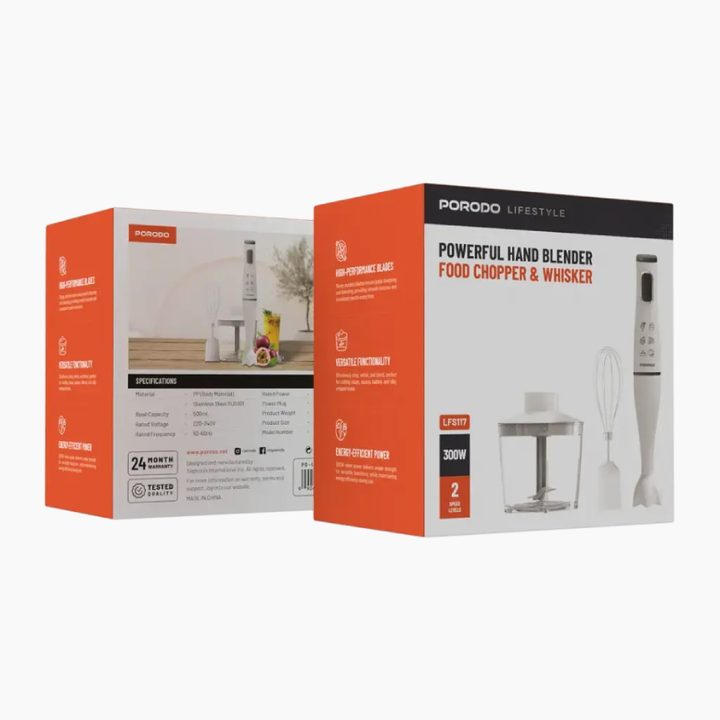 Porodo Lifestyle Powerful Hand Blender Food Chopper & Whisker - White Energy-Efficient Power

