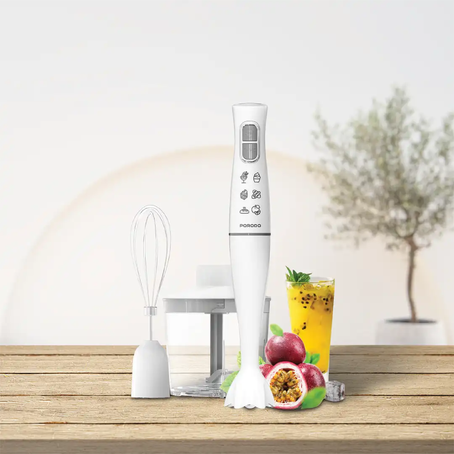 Porodo Lifestyle Powerful Hand Blender Food Chopper & Whisker - White High-Performance Blades

