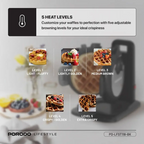 Porodo Lifestyle Vertical Waffle Maker features a compact 800W design with a 210mL capacity 5 heat level