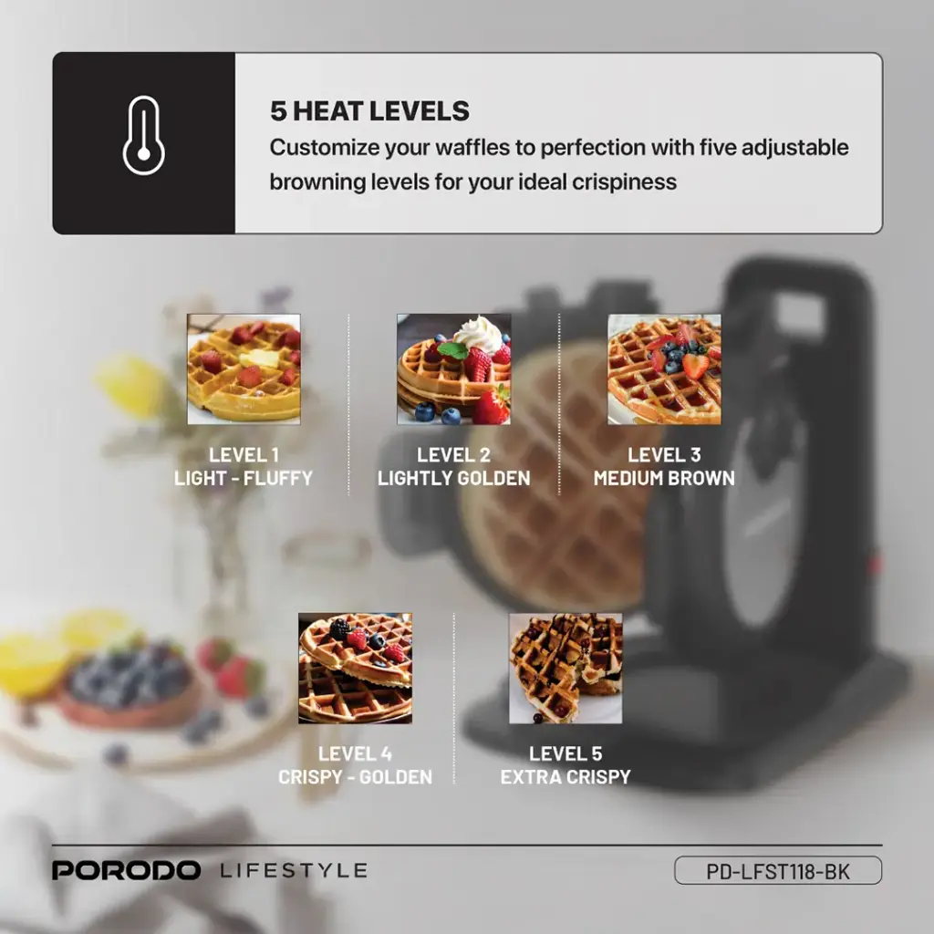 Porodo Lifestyle Vertical Waffle Maker features a compact 800W design with a 210mL capacity 5 heat level
