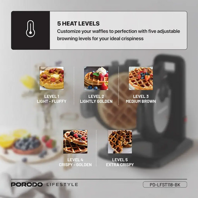 Porodo Lifestyle Vertical Waffle Maker features a compact 800W design with a 210mL capacity 5 heat level