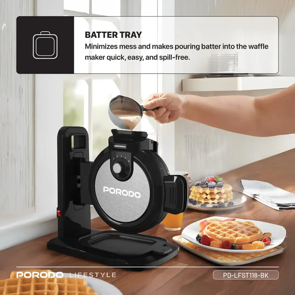 Porodo Lifestyle Vertical Waffle Maker features a compact 800W design with a 210mL capacity Battery Tray
