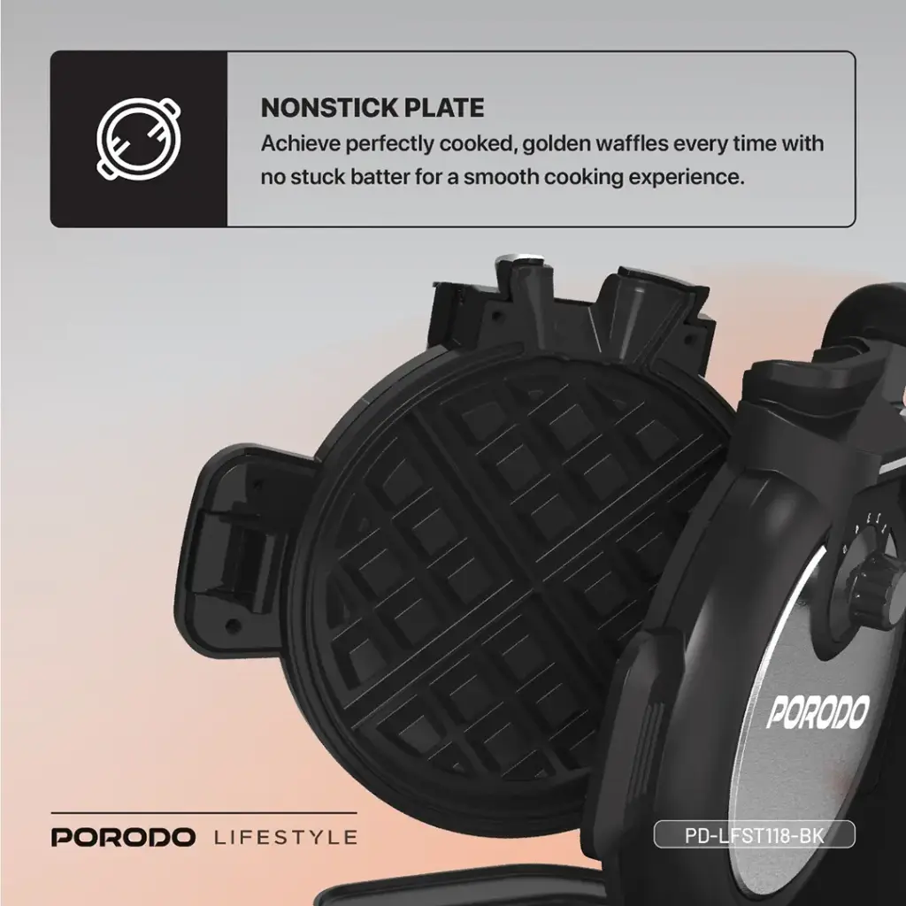 Porodo Lifestyle Vertical Waffle Maker features a compact 800W design with a 210mL capacity Nonstick Plate

