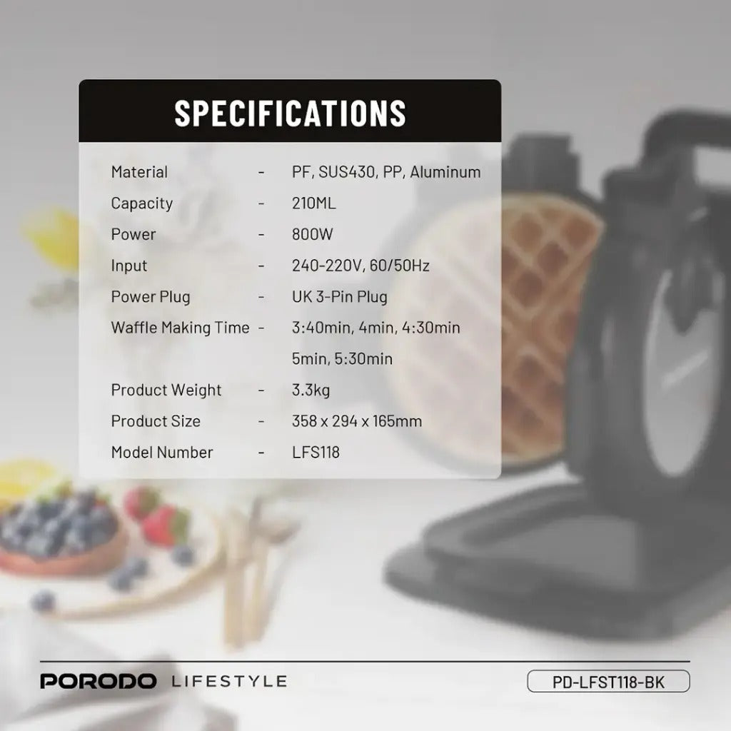 Porodo Lifestyle Vertical Waffle Maker features a compact 800W design with a 210mL capacity Specifications
