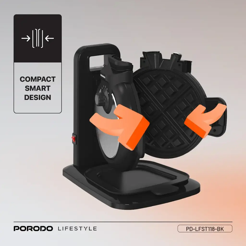 Porodo Lifestyle Vertical Waffle Maker features a compact 800W design with a 210mL compact and smart design