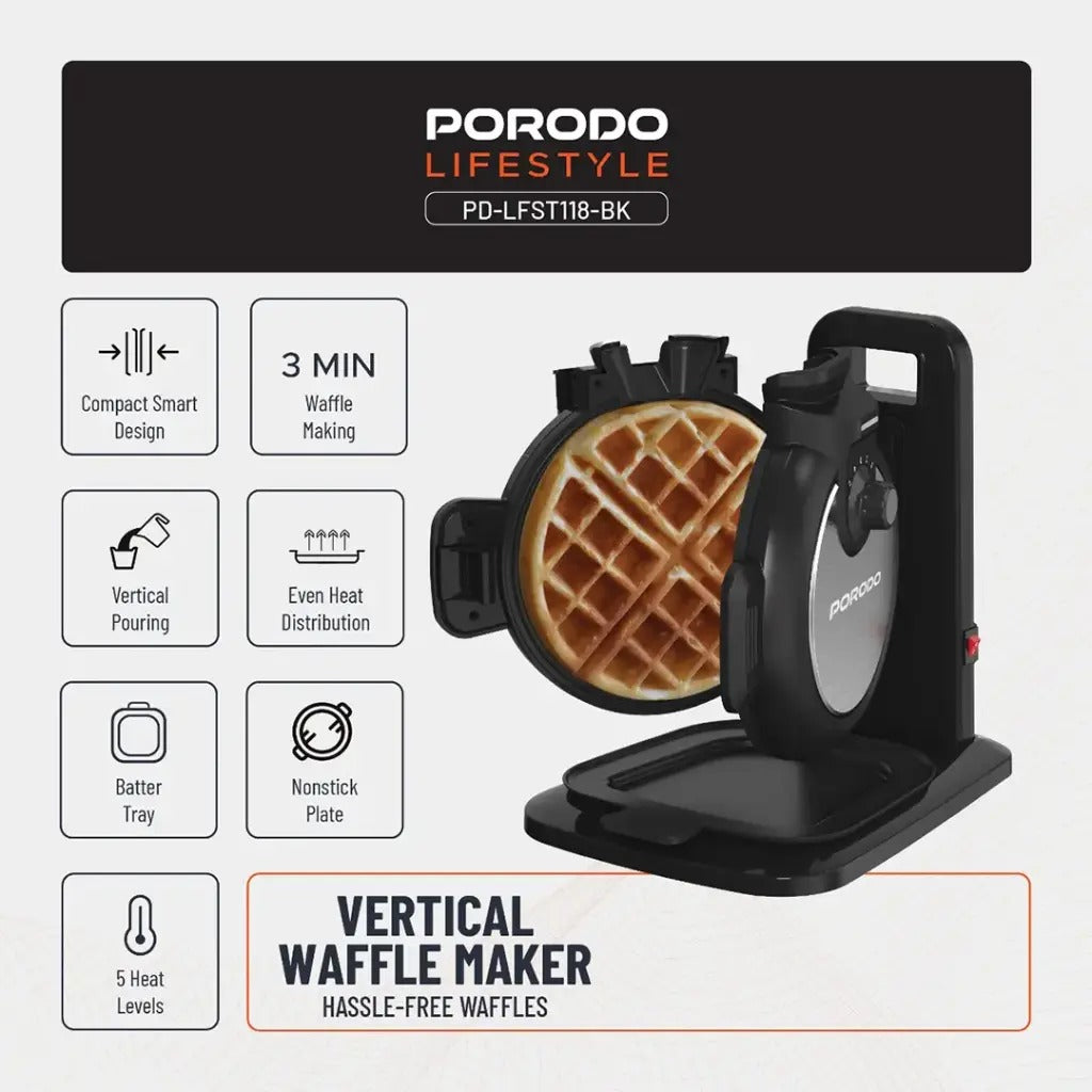Porodo Lifestyle Vertical Waffle Maker features a compact 800W design with a 210mL vertical