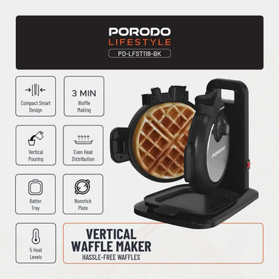 Porodo Lifestyle Vertical Waffle Maker features a compact 800W design with a 210mL vertical