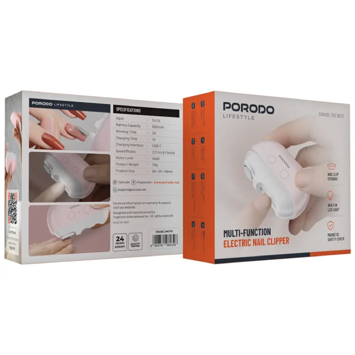 Porodo Multi-Function Electric Nail Clipper with Dual-Speed Settings for Trimming Polishing 1h Charging Time