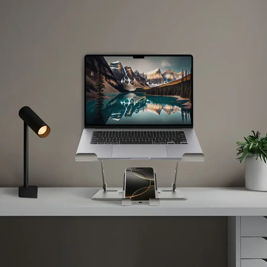 Porodo Smart Folding Stand offers sturdy, ergonomic support for laptops and tablets  Carbon Steel + Silicone Rubber