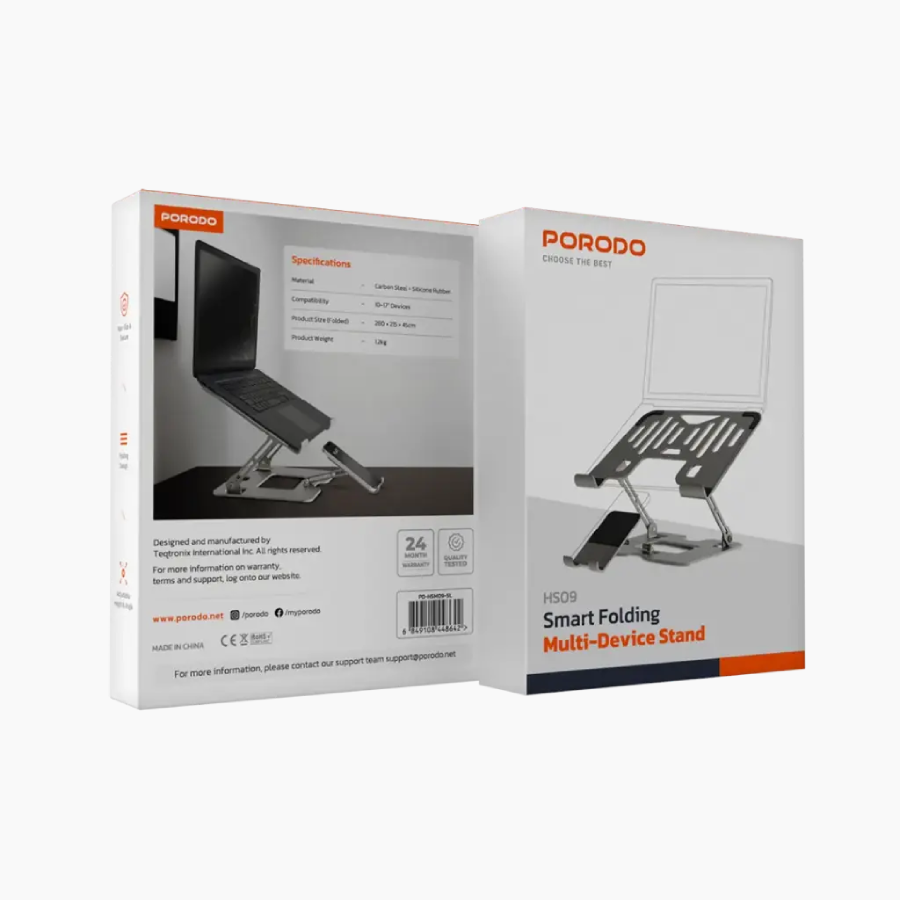 Porodo Smart Folding Stand offers sturdy, ergonomic support for laptops and tablets Durable