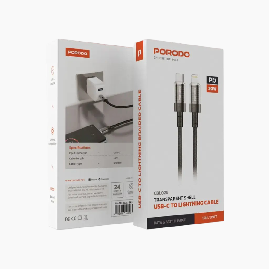 Porodo Transparent Shell USB-C to Lightning Cable (1.2m) offers fast charging Safe & Reliable
