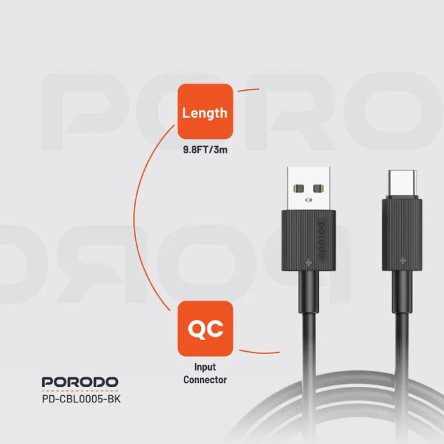 Porodo USB-A to USB-C Cable offers fast charging, 480Mbps transfer speed, and a durable High-Grade Copper
