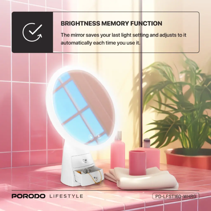 Porodo Vanity Makeup LED Illuminated Mirror with Built-in Dual Storage Drawer Brightness Memory Function
