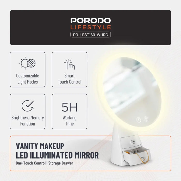 Porodo Vanity Makeup LED Illuminated Mirror with Built-in Dual Storage Drawer Durable