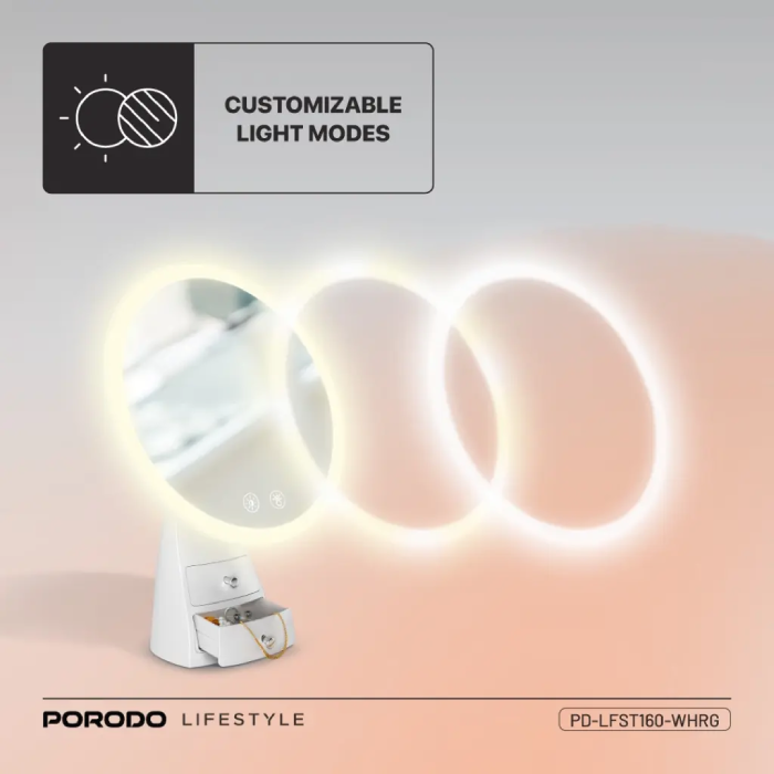 Porodo Vanity Makeup LED Illuminated Mirror with Built-in Dual Storage Drawer customizable light modes