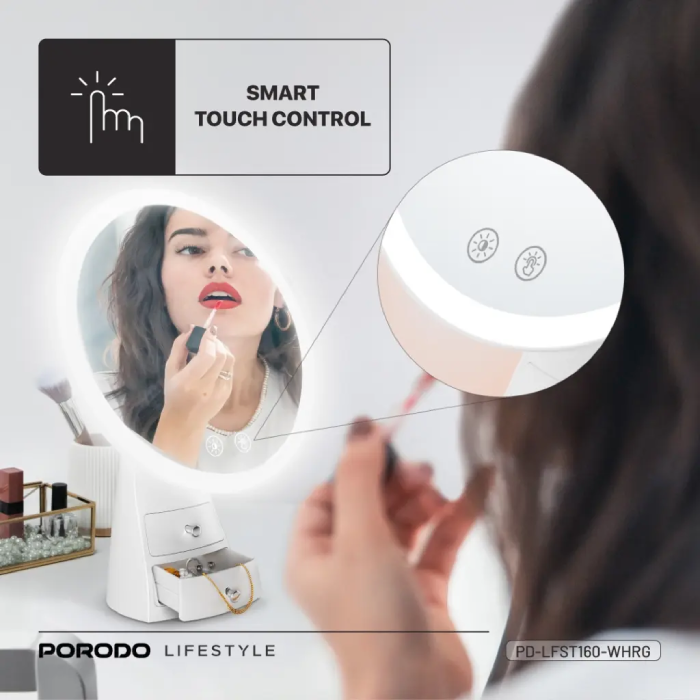 Porodo Vanity Makeup LED Illuminated Mirror with Built-in Dual Storage Drawer smart touch control