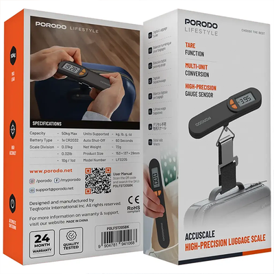 Porodo lifestyle accuscale packaging showing features and specifications for travelers Qatar