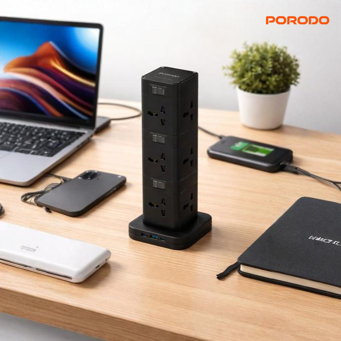 Porodo three storey power hub with 12 AC sockets and USB-C PD on office desk setup Qatar