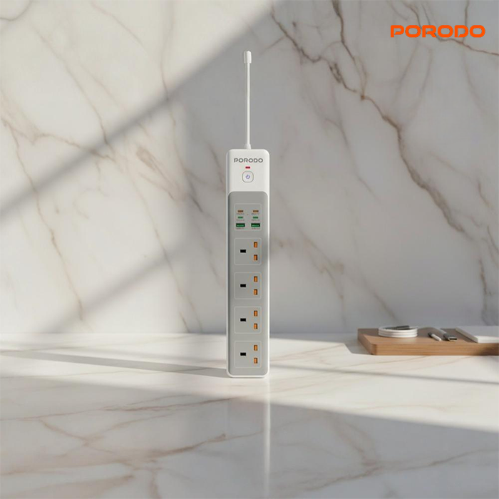 Porodo 4AC 65W 3000W power strip with USB ports and safety switch for home and office use in Qatar 