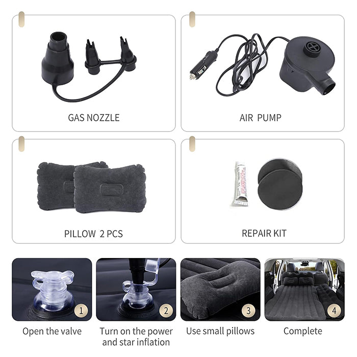 Portable Travel Inflatable Car Bed - Foldable Mattress with Pillows, Head Guard and Pump all parts