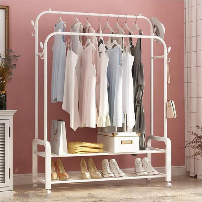 Portable Metal Clothing Stand with Hanger Rods Shoe Organizer Carbon Steel Collapsible Double Rod Design